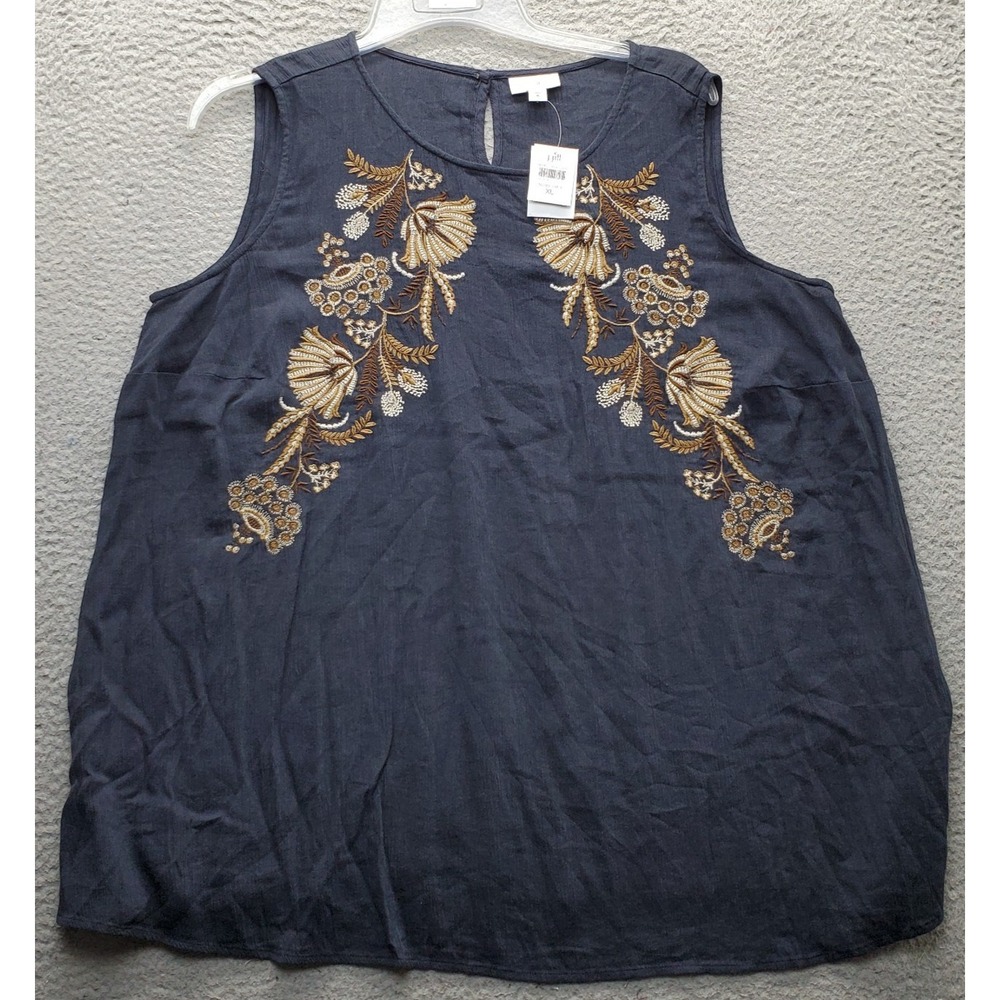 J. Jill Tank Top Womens XL Black Floral Embroidered Sleeveless Casual Round Neck